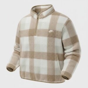 Nike Club Winterized Sherpa 1/2‎ Zip Fleece Mens M Tan White Check Pullover